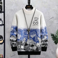 Mens fashion patchwork hip hop crew neck sweater in blue, loose fit long sleeves, cotton blend winter pullover