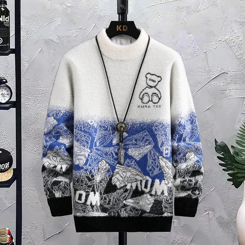 Mens fashion patchwork hip hop crew neck sweater in blue, loose fit long sleeves, cotton blend winter pullover