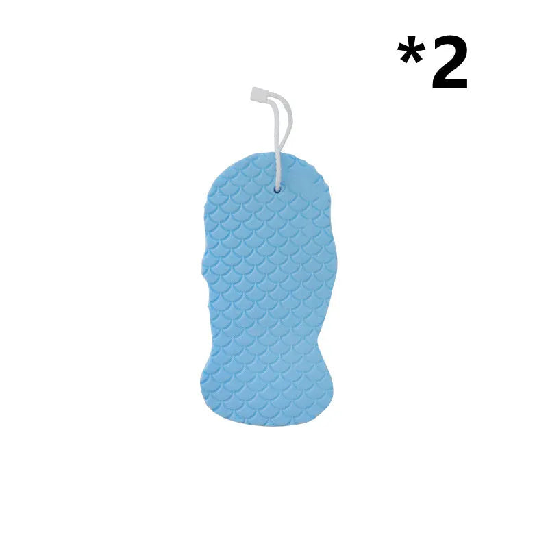 3D fish scale pattern bath sponge in white, grey, pink and light blue colours for body exfoliation