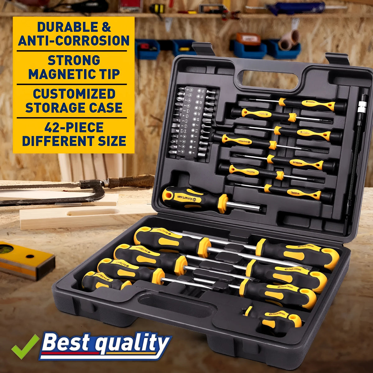 43-piece magnetic screwdriver set in black storage box with chrome vanadium steel bits