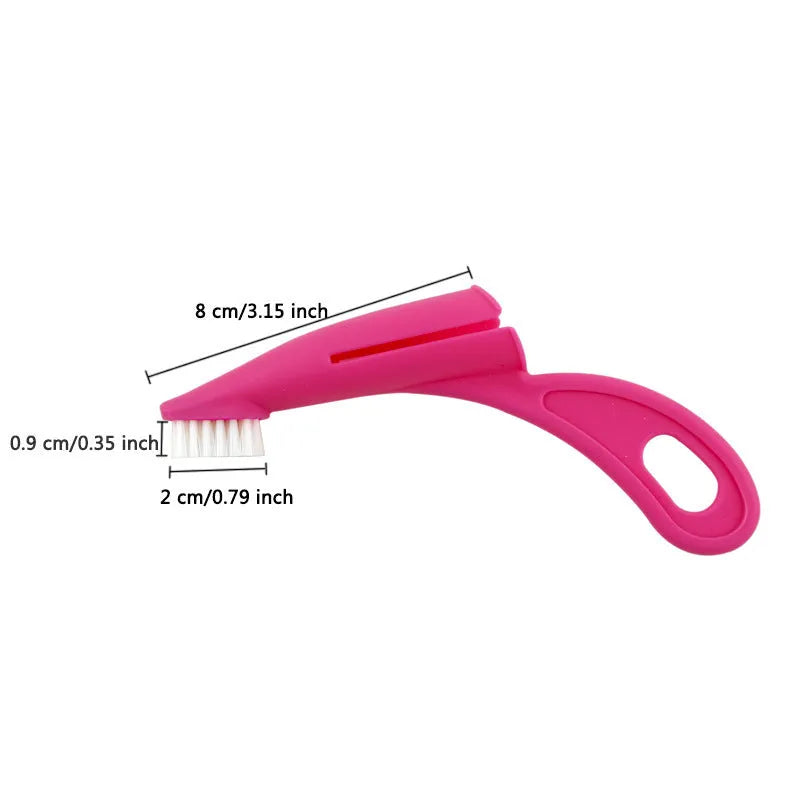 Red and white finger sleeve pet toothbrush with silicone bristles for cleaning dog and cat teeth.