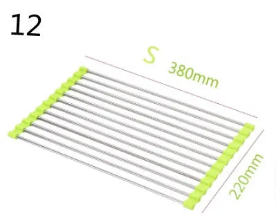 Stainless steel folding kitchen sink drain rack shown in a choice of colours