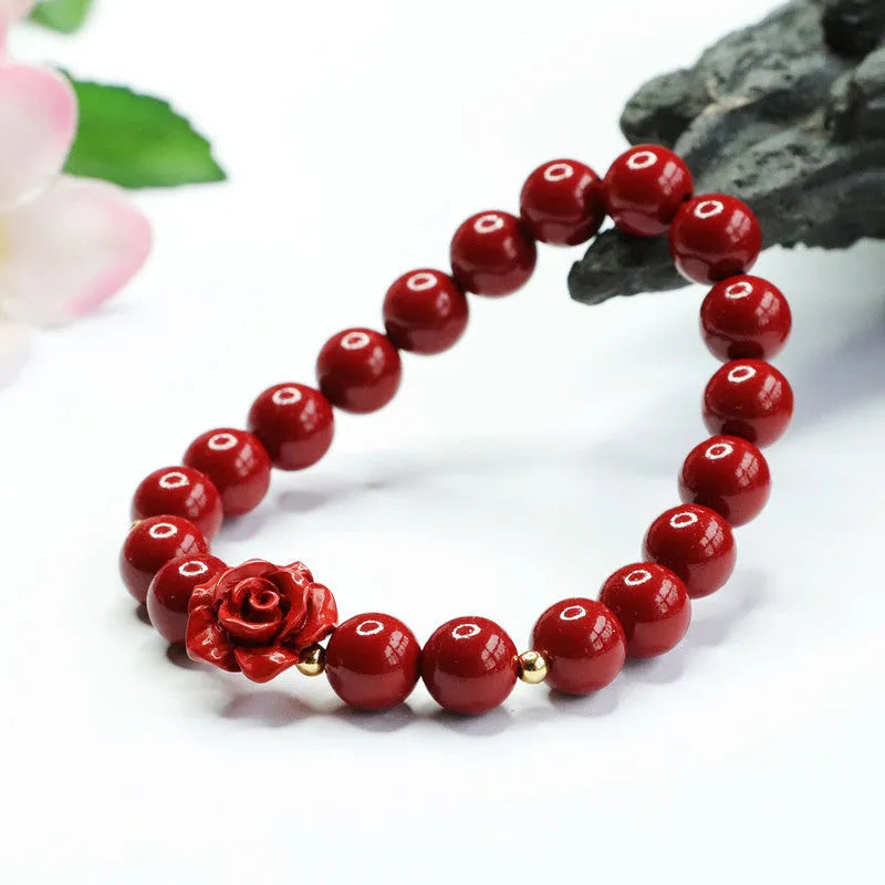Natural cinnabar bracelet with purple gold sandstone rose pendant, 8mm bead size