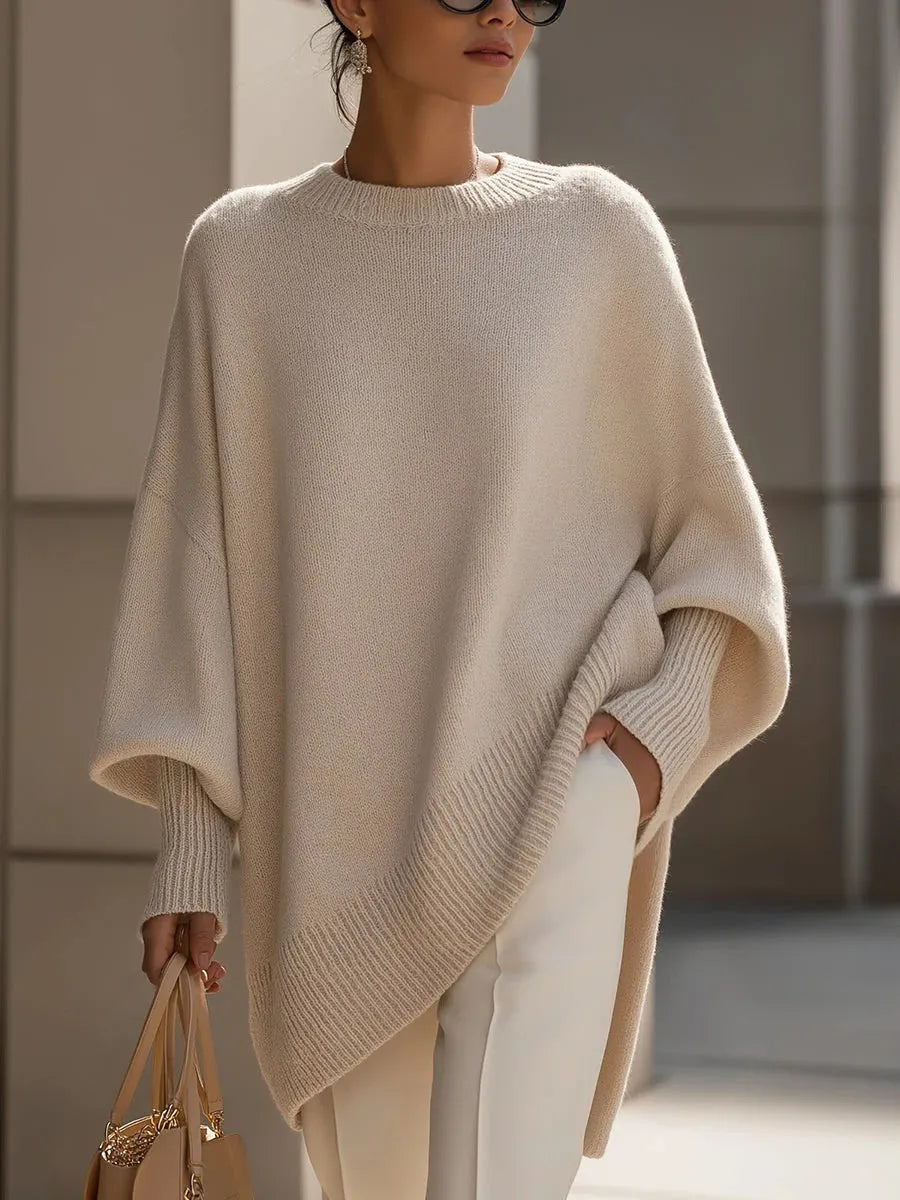Thick round neck women's loose pullover sweater in light gray with core-spun yarn and polyester fabric