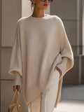 Thick round neck women's loose pullover sweater in light gray with core-spun yarn and polyester fabric