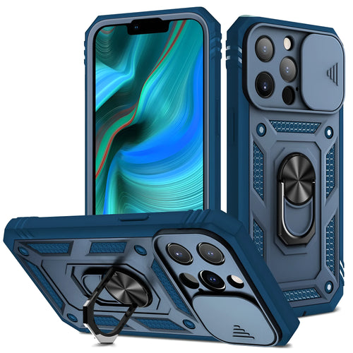Magnetic sliding window phone case for Apple iPhone in sapphire blue and grey green colours