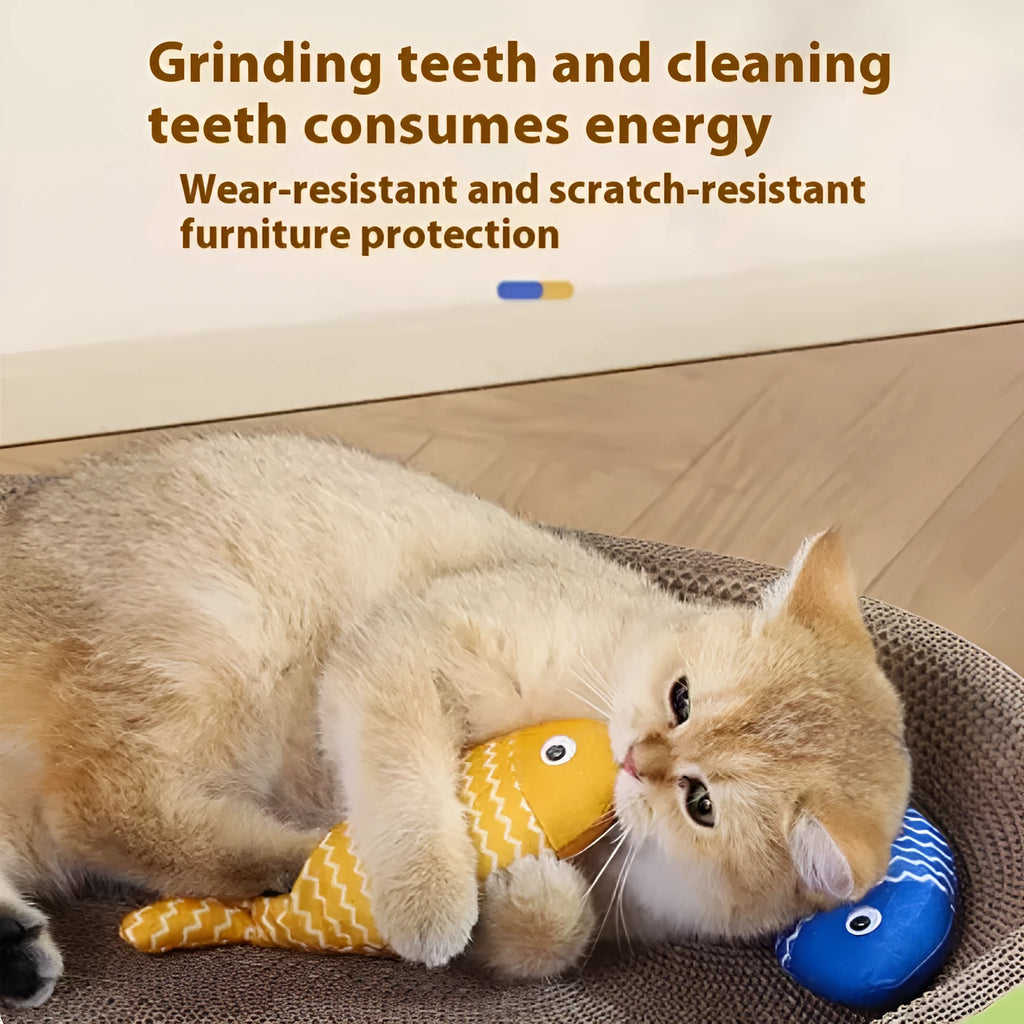Fish-shaped catnip cat toy in blue with cat playing nearby, available in multiple sizes