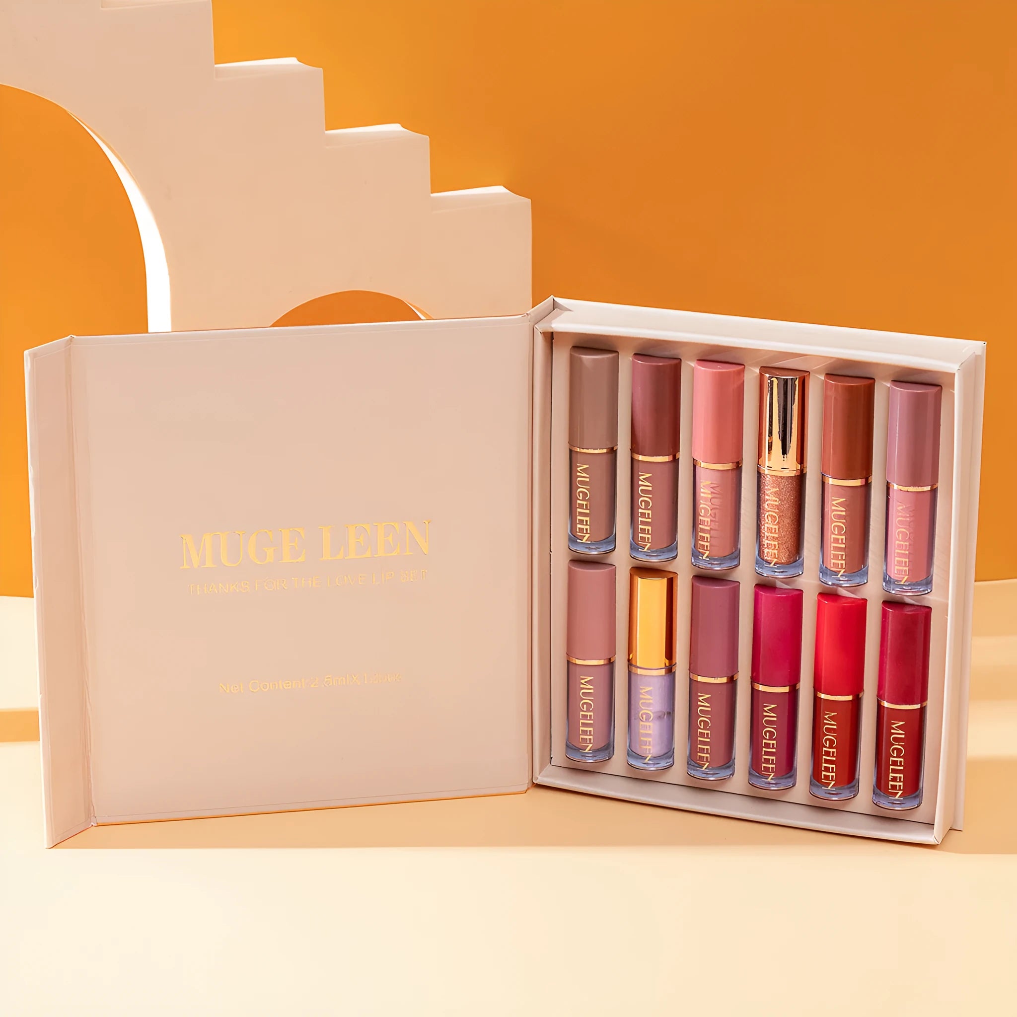 12-piece matte shimmer lip glaze set in neutral colours with no-stain on cups formula