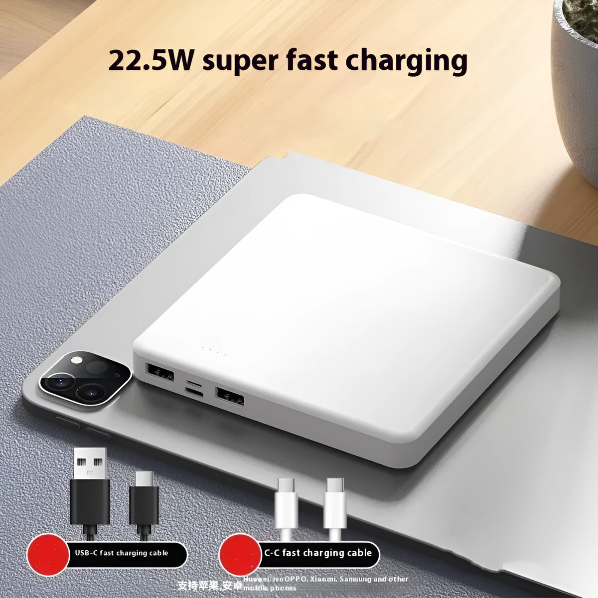 White 20000mAh portable fast charge power bank with QC3.0 graphene cell and Type-C/Micro input