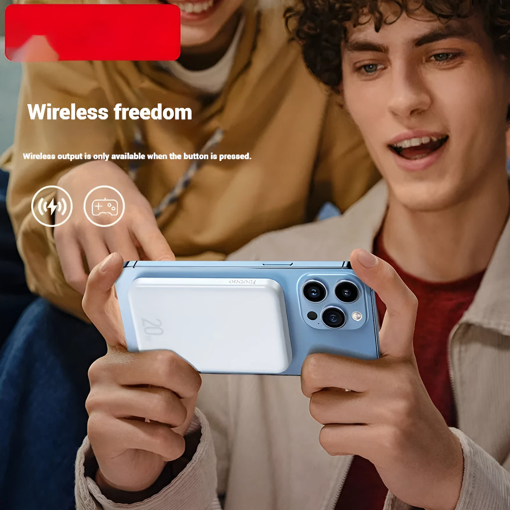 Portable magnetic wireless power bank in blue, purple, or white with 10000mAh capacity