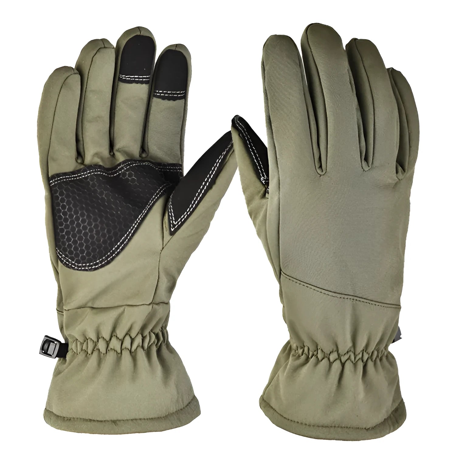 A pair of tactical camouflage winter ski gloves with touch screen fingertips on a neutral background.