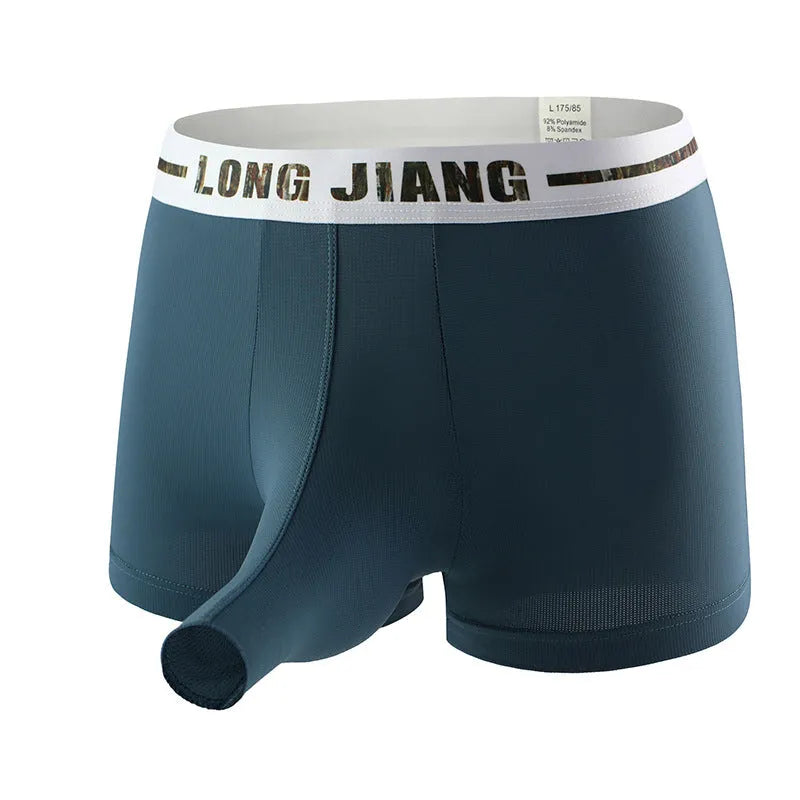 Men's solid colour ice silk boxer shorts in a mid-waist design on a white background.