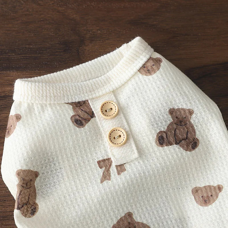 Beige waffle short-sleeve small dog top on a dog, side view, polyester fabric