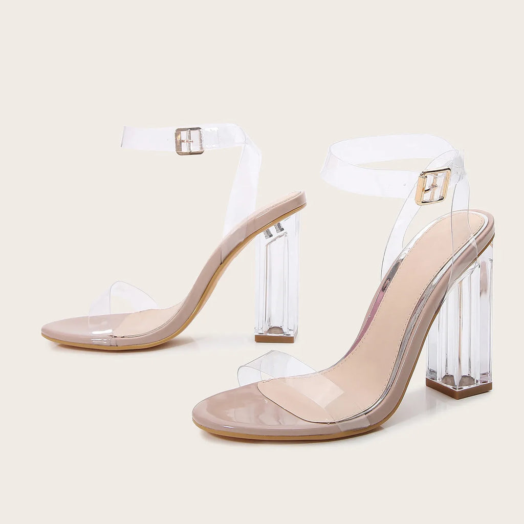 Women's apricot high heel sandals with glass heel and round toe design with buckle closure