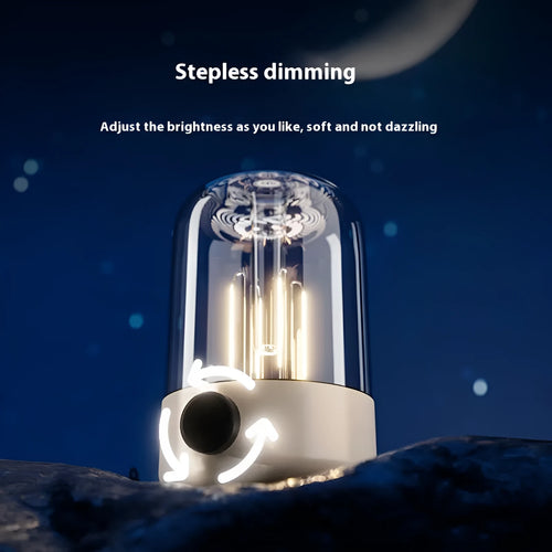 Beige and black camping ambience lamp with dual light sources and USB charging port