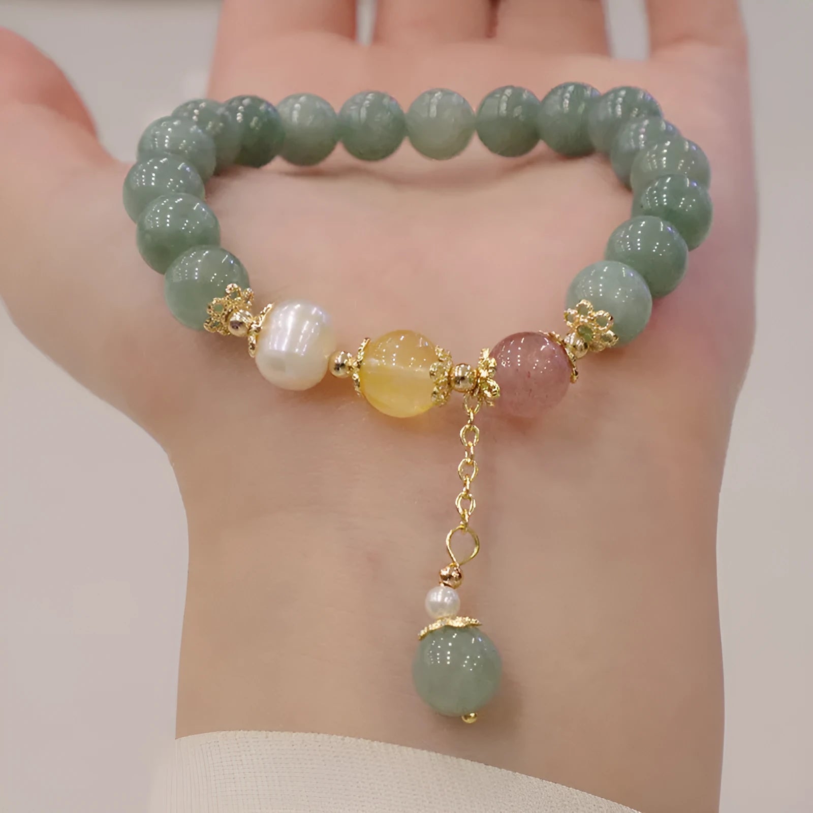 Myanmar jade geometric bead bracelet with pearl accents and three-dimensional Han-style decoration