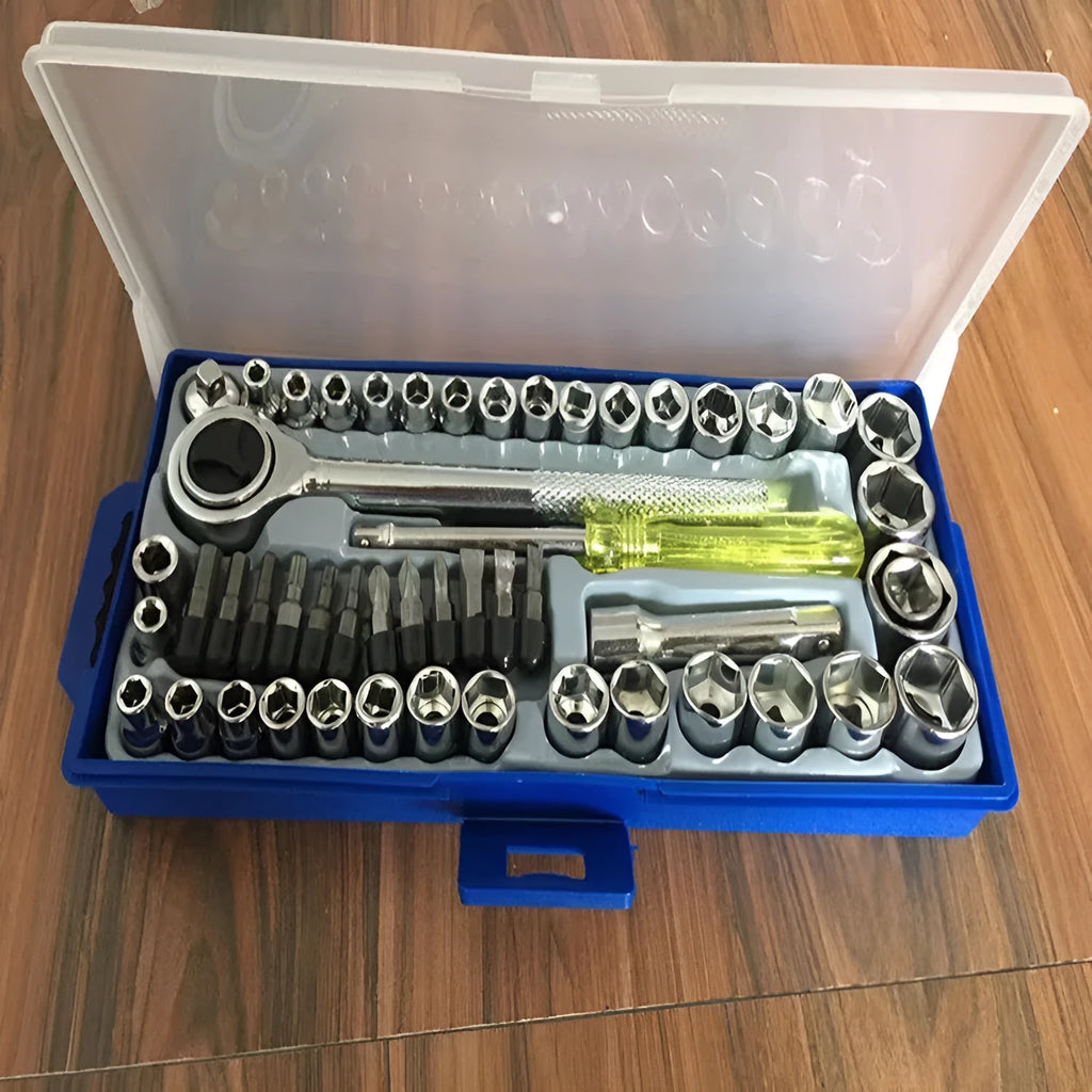 50-piece socket set with metric and imperial sockets, plain carbon steel, mirror finish, includes handle and bits
