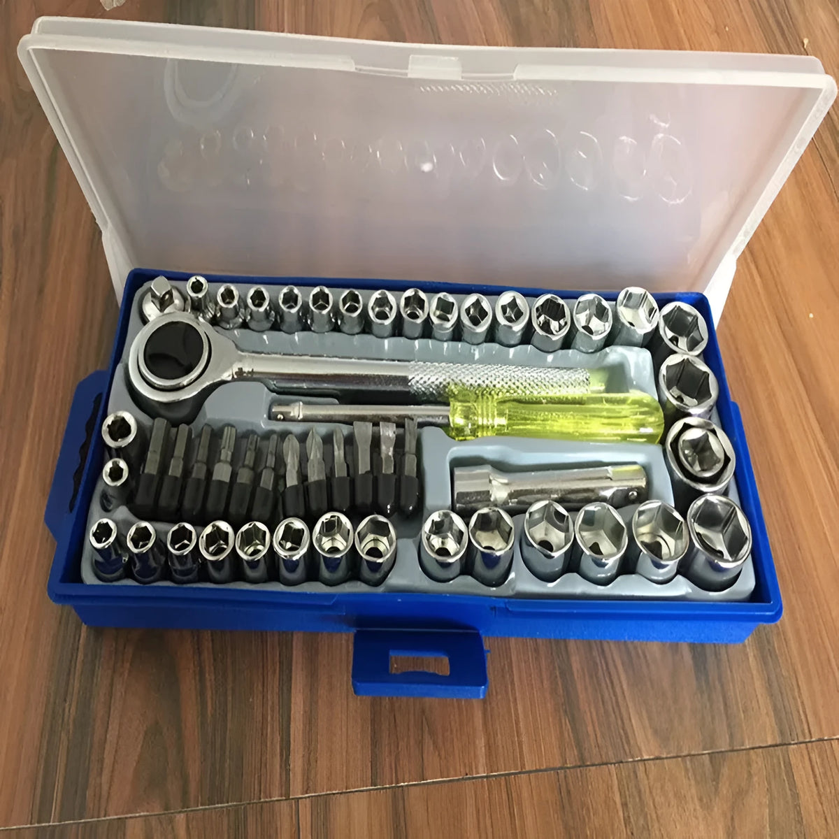 50-piece socket set with metric and imperial sockets, plain carbon steel, mirror finish, includes handle and bits