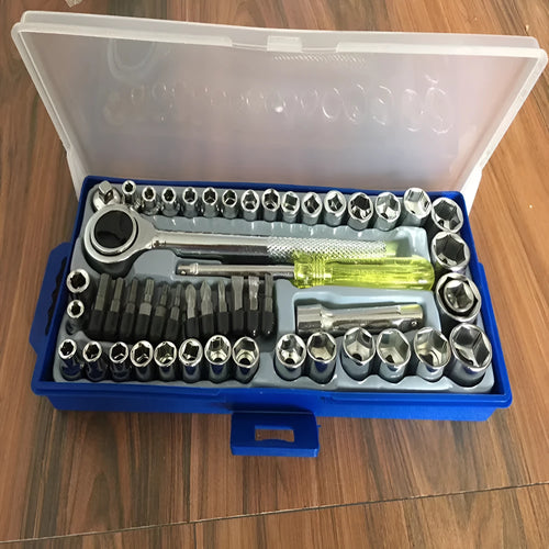 50-piece socket set with metric and imperial sockets, plain carbon steel, mirror finish, includes handle and bits