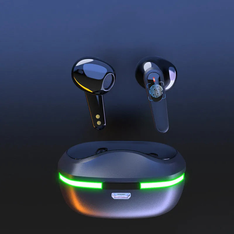 Black Pro60 Bluetooth half in-ear headphones and charging case on a matte surface.