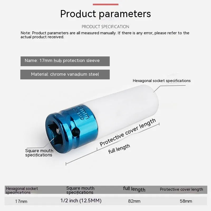 Single 45# steel hexagon impact socket for pneumatic wrenches in 17mm, 19mm, 21mm, or 22mm size.