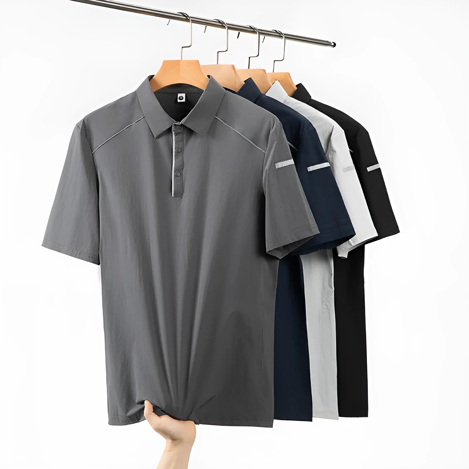Men's solid colour quick-dry polo shirt in nylon blend fabric on a hanger.