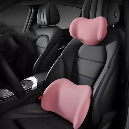 Car headrest, neck support, and waist cushion set made from memory cotton foam in black, green, grey, or pink.