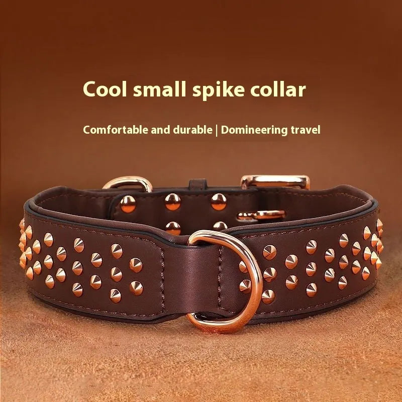 Leather dog collar with stainless steel rivets in black, chocolate, and pink colour options.