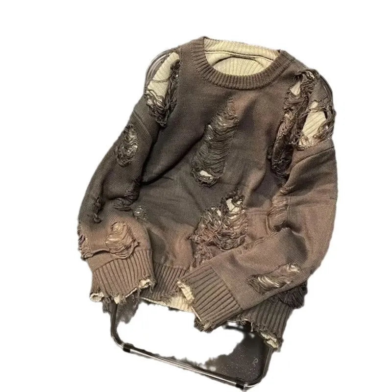Men's black ripped sweater with animal pattern and tassels on front