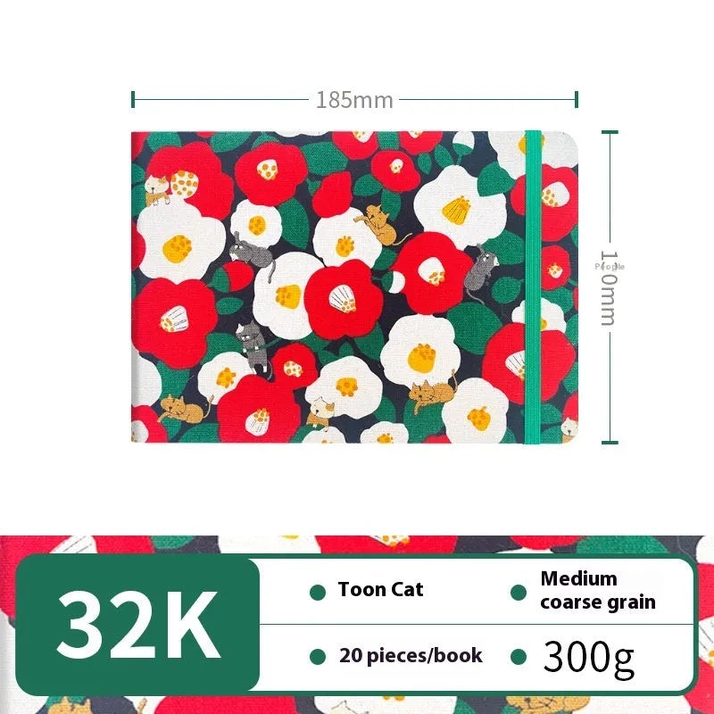 Feiluniao handmade fabric watercolour notebook with illustrated cover, open to show blank paper pages.