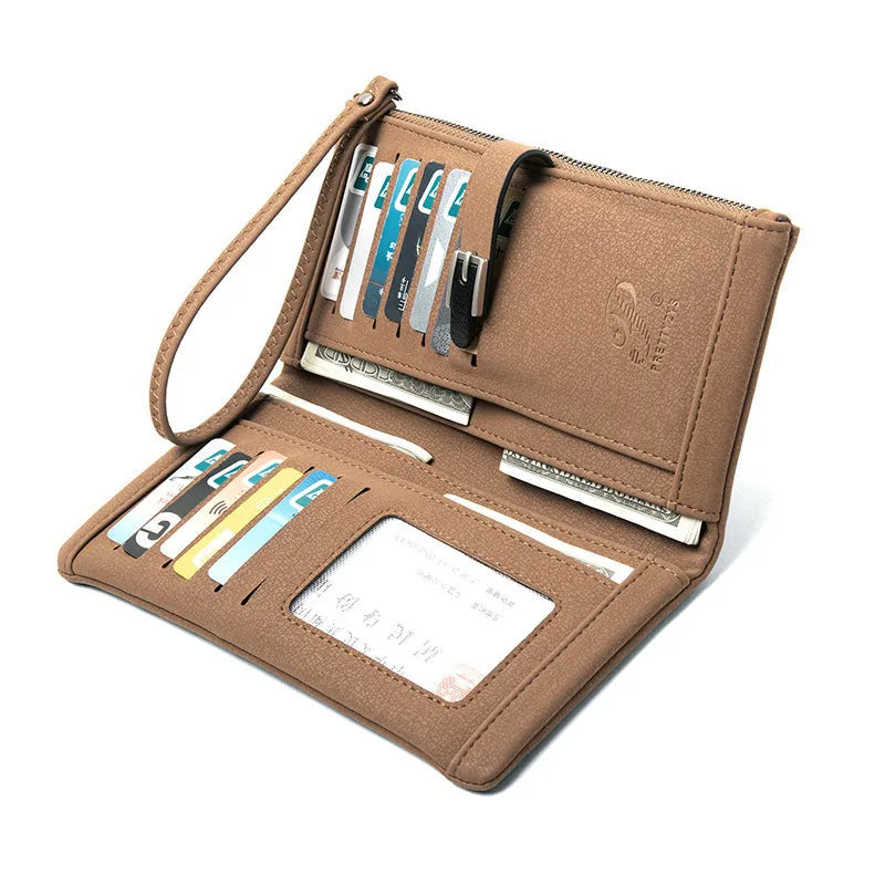 Long female wallet simple clutch in solid colour PU leather with zip closure, apricot