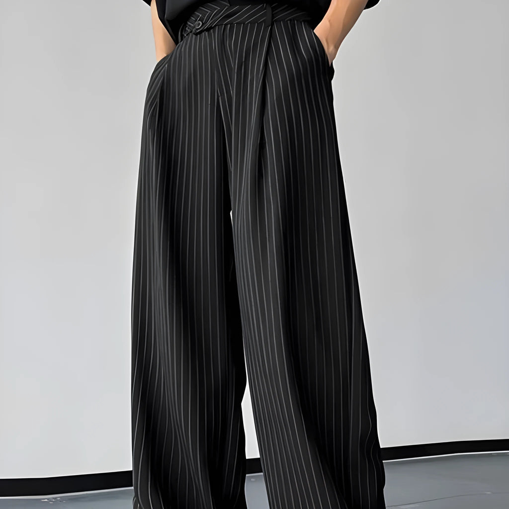 Black men's casual trousers with vertical stripes and front pleats made from rabbit hair and bamboo fibre.