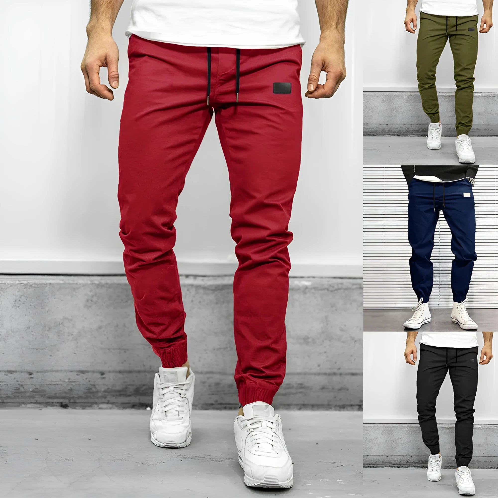 Loose fit quick-dry running trousers in polyester nylon blend, available in four colours and sizes M to XXXL