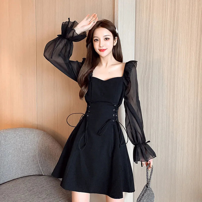 White chiffon patchwork waist-slimming long dress for women with long sleeves
