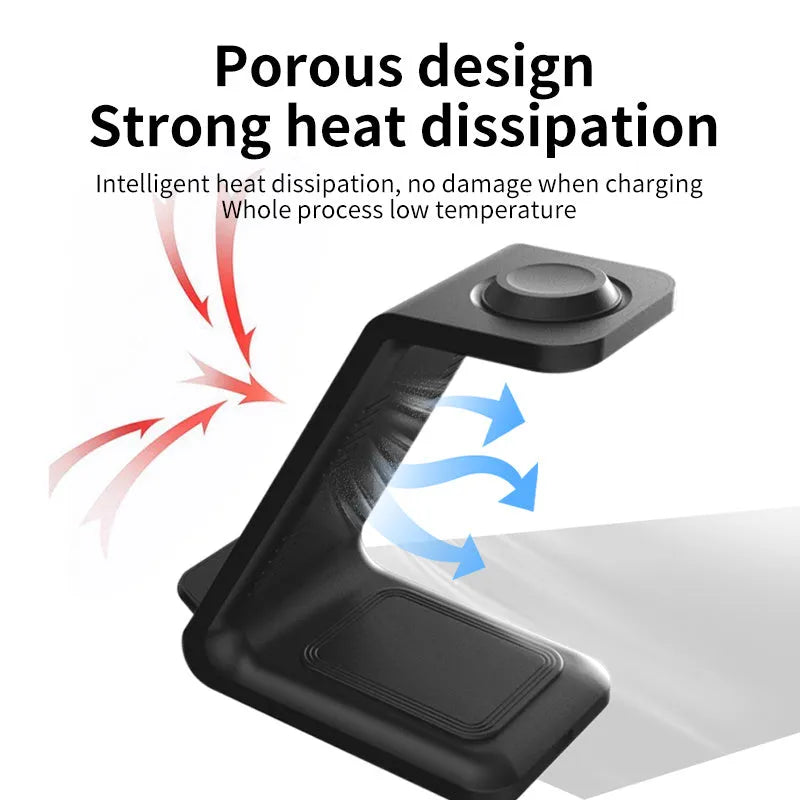 White 3-in-1 upright wireless charger and phone holder on a desk with a mobile phone charging.