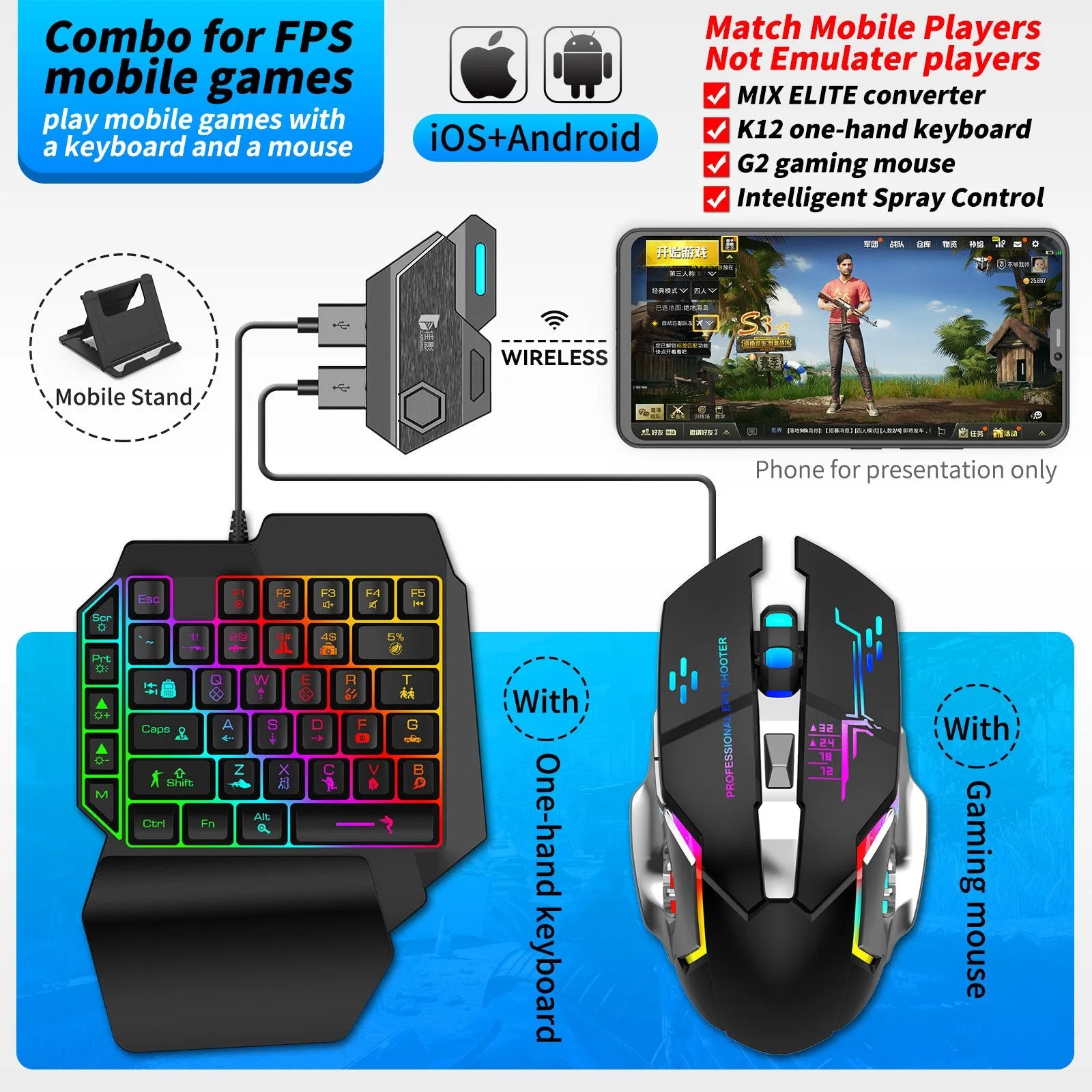 Black gaming converter with USB port for connecting keyboard and mouse to mobile games