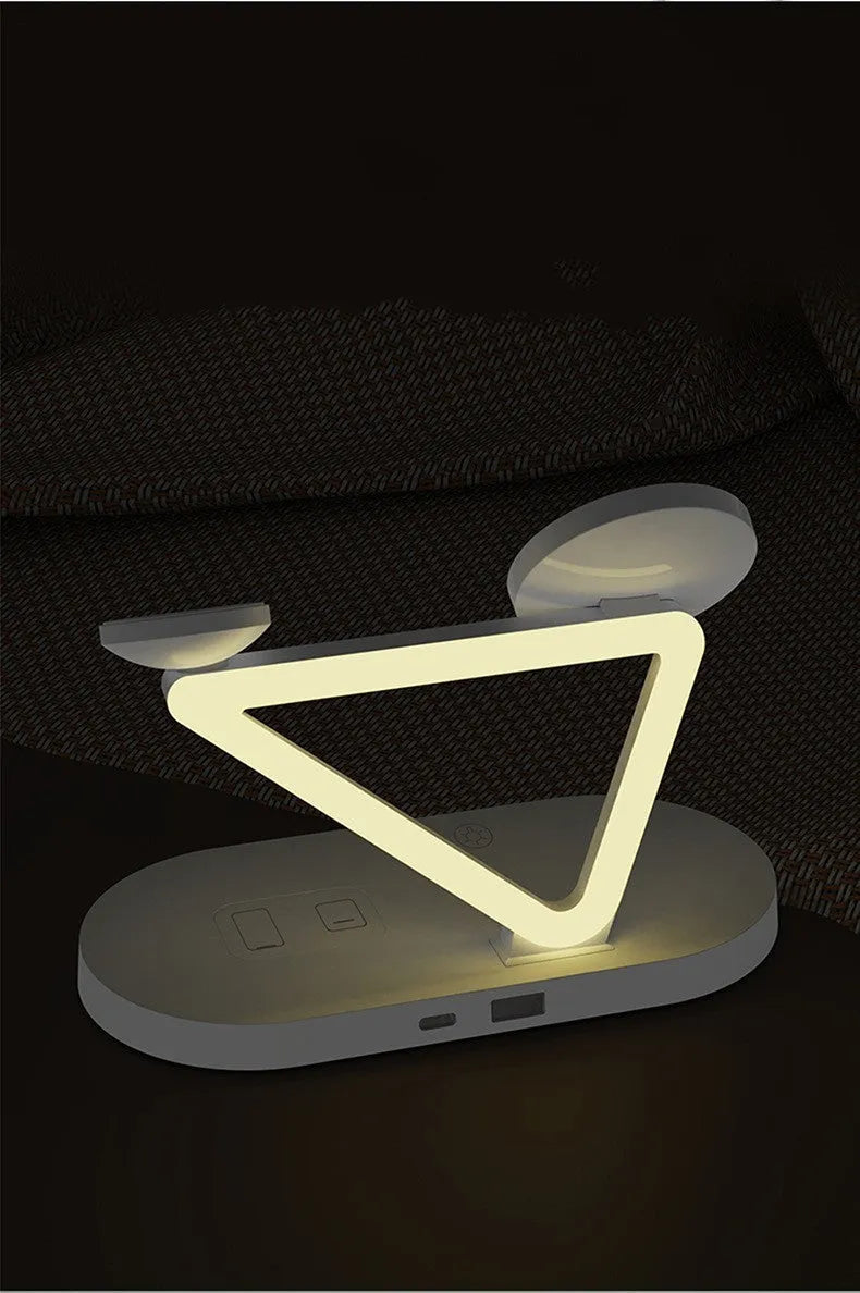 Black 3-in-1 wireless charging station showing phone, Apple Watch and AirPods charging simultaneously.