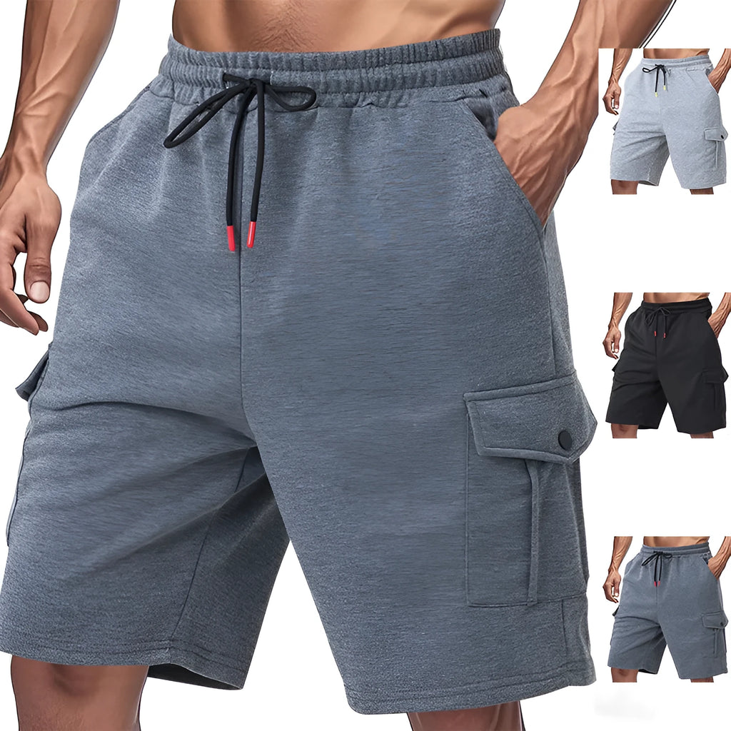 Heavy terry fabric cargo sports shorts with multiple pockets in light grey colour showing loose fit design