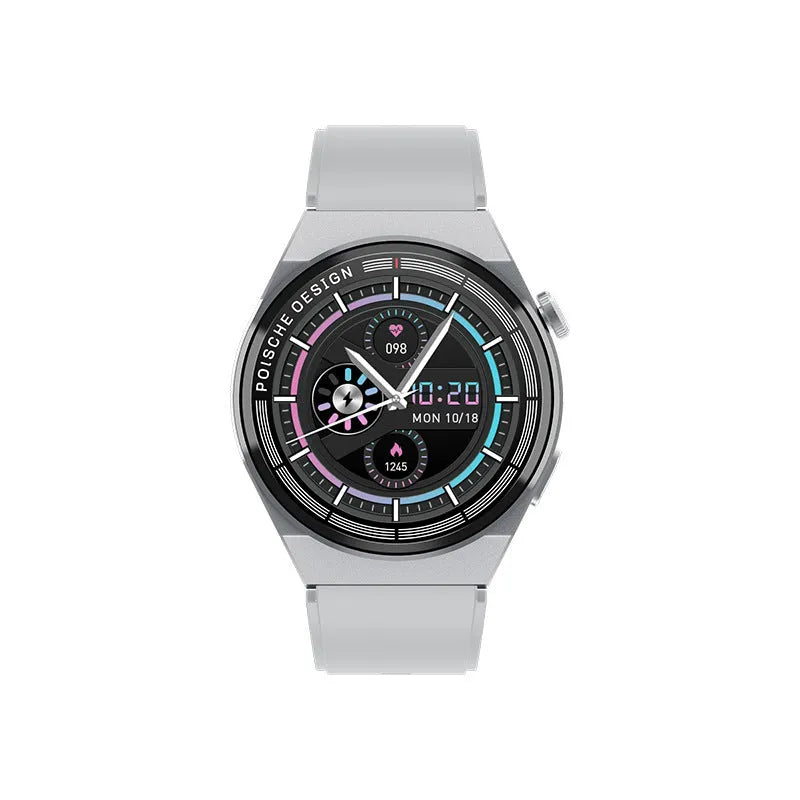 Circular black smartwatch with silicone strap on a wrist, showing a home screen with NFC, call, and health icons.