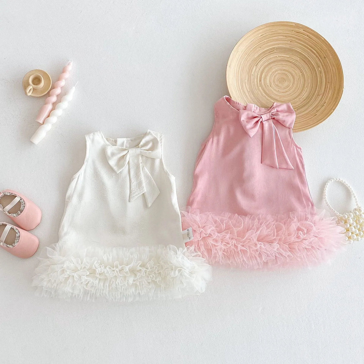 Children's Korean-style solid colour polyester dress with bow in cream rice shade for heights 73-120 cm
