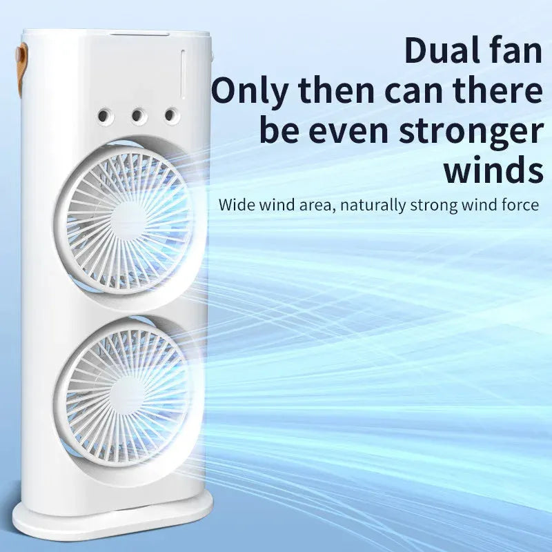 White portable USB humidifier fan with remote control on a desk