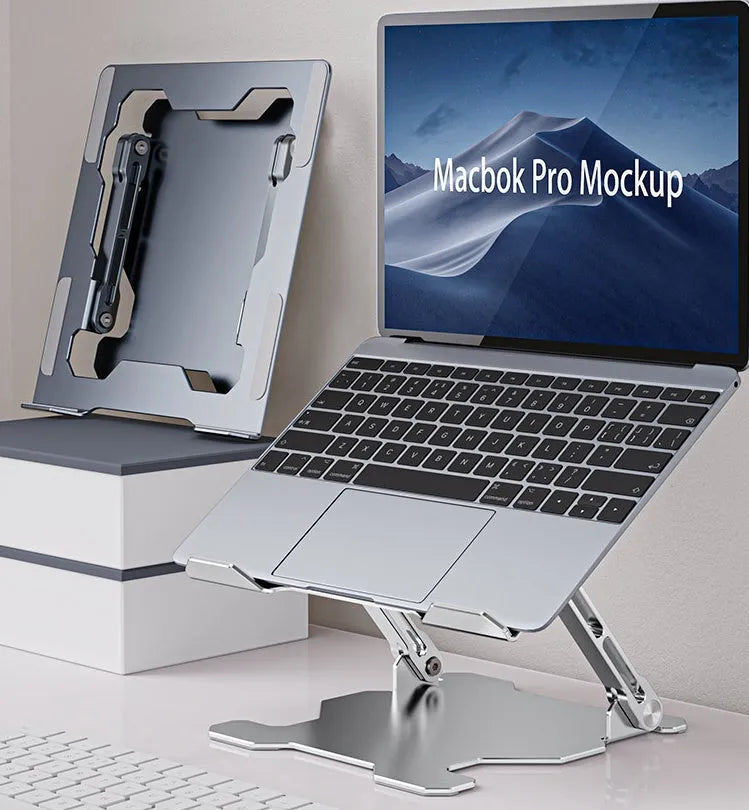 Aluminum laptop stand in folded position showing adjustable mechanism and silicone protection pads
