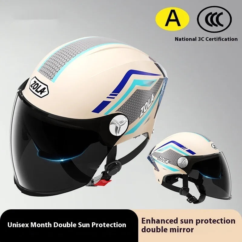 Children's 3C motorcycle half-helmet with a double visor shown in light brown colour.
