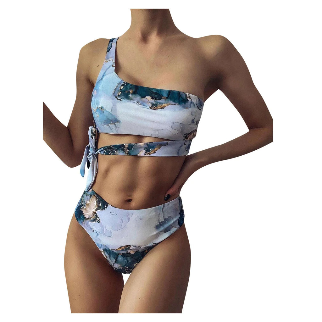 Women's marble tie-dye print high waist bikini with U-neck top separated swimwear