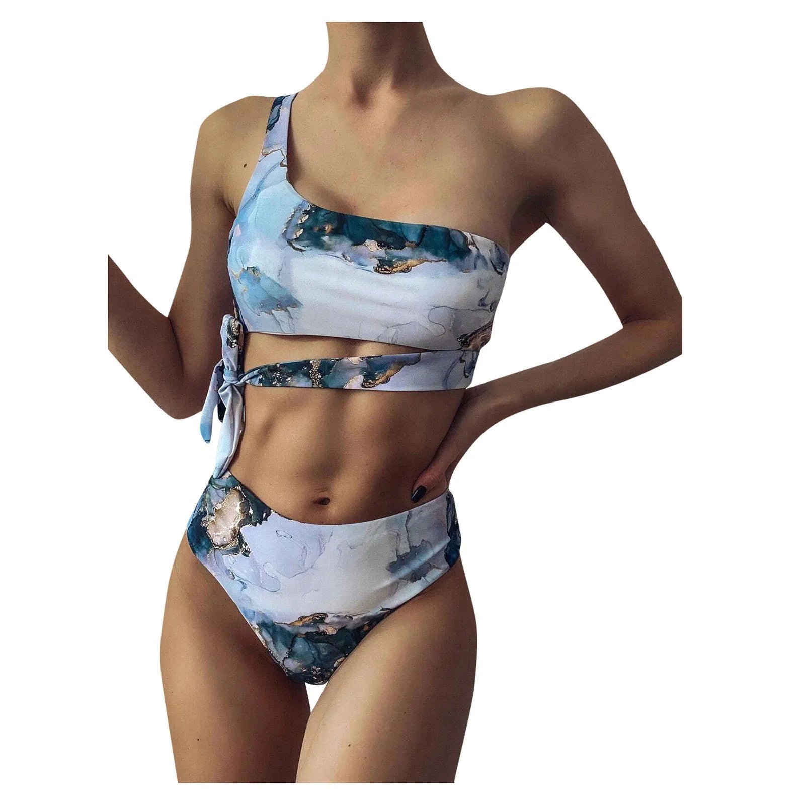 Women's marble tie-dye print high waist bikini with U-neck top separated swimwear