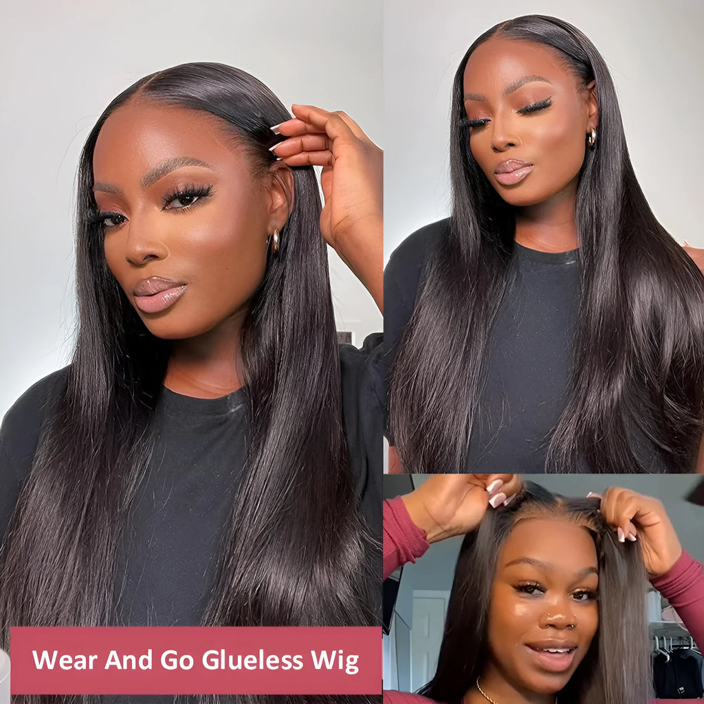 Glueless human hair straight wig with side bangs, shown in long length.