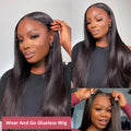 Glueless human hair straight wig with side bangs, shown in long length.