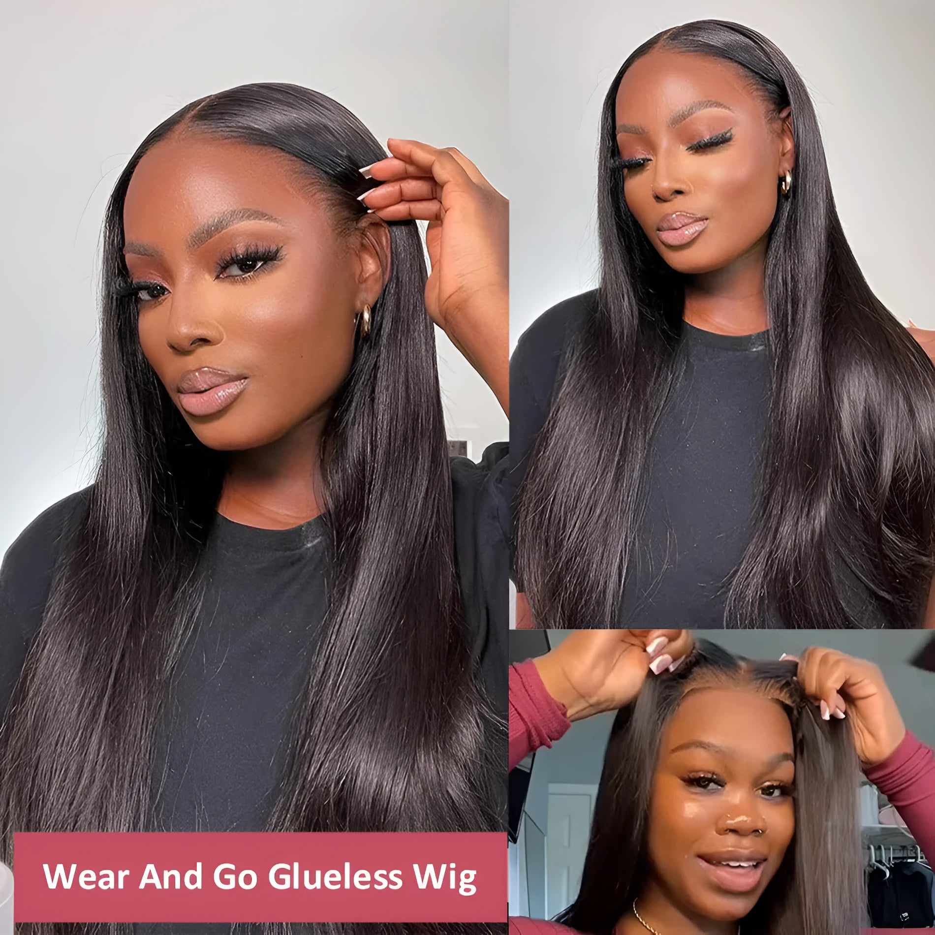 Glueless human hair straight wig with side bangs, shown in long length.