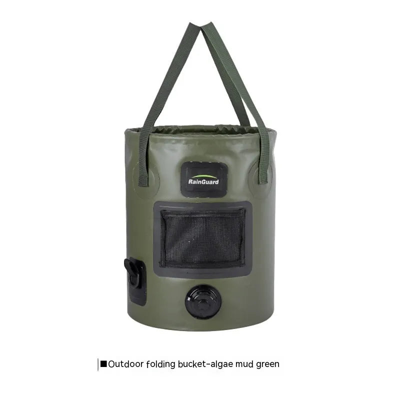25-litre folding plastic outdoor fishing bucket shown in lemon yellow colour with optional built-in mesh net pocket