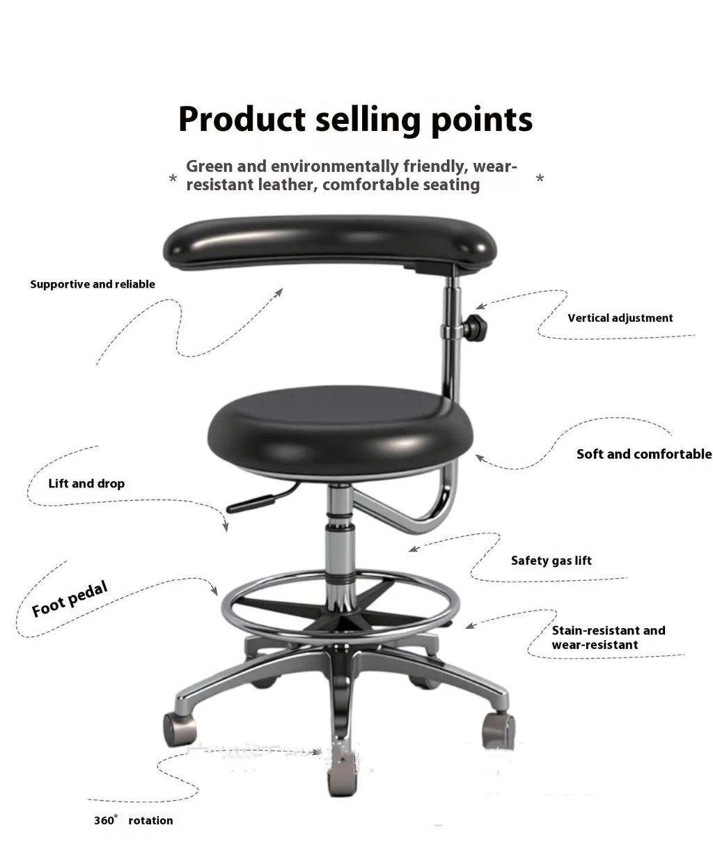 Black leather dental nurse chair with lift mechanism and casters